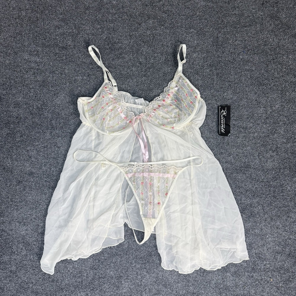 Escante Babydoll Lingerie Set Women's 3XL  White Pink Sheer Lace Bow Romantic